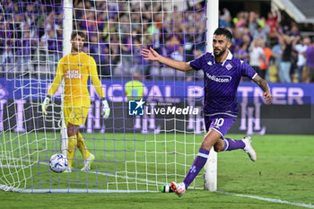 2023-08-31 - ACF Fiorentina's Argentinian forward Nicolas Gonzalez celebrates after scoring a goal - ACF FIORENTINA VS SK RAPID WIEN - UEFA CONFERENCE LEAGUE - SOCCER