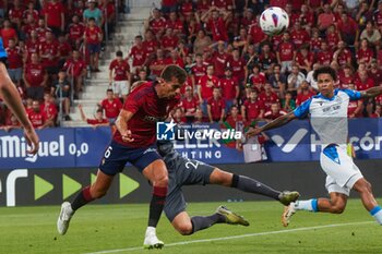 2023-08-24 - Pamplona, Spain. 24th Aug 2023. Sports. Football/Soccer.Lucas Torro (6. CA Osasuna), Simon Mignolet (22. Club Brugge ) and Tajon Buchanan (17. Club Brugge ) during the football match of First leg of the UEFA Europa Conference League qualifier play-off between CA Osasuna and Club Brugge played at El Sadar stadium in Pamplona (Spain) on August 24, 2023. Credit: Inigo Alzugaray/CordonPress - UEFA EUROPA CONFERENCE LEAGUE: CA OSASUNA VS CLUB BRUGGE, PAMPLONA, SPAIN - UEFA CONFERENCE LEAGUE - SOCCER