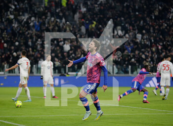 2023-01-19 - Manuel Locatelli of Juventus Fc celebrating after Federico Chiesa of Juventus Fc scored a goal during Coppa Italia 2023, football match between Juventus Fc and Ac Monza on Jannuary 19, 2023 at Allianz Stadium, Turin Italy. Photo Nderim Kaceli - JUVENTUS FC VS AC MONZA - ITALIAN CUP - SOCCER