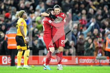2023-01-07 - Liverpool forward Darwin Nunez (27) celebrates his goal 1-1 with Andrew Robertson during the English FA Cup, 3rd round football match between Liverpool and Wolverhampton Wanderers on January 7, 2023 at Anfield stadium in Liverpool, England - FOOTBALL - ENGLISH CUP - LIVERPOOL V WOLVERHAMPTON - ENGLISH LEAGUE CUP - SOCCER