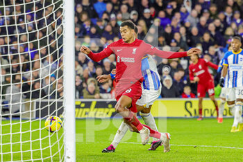 2023-01-14 - Cody Gakpo (18) of Liverpool during the English championship Premier League football match between Brighton and Hove Albion and Liverpool on January 14, 2023 at the American Express Community Stadium in Brighton and Hove, England - FOOTBALL - ENGLISH CHAMP - BRIGHTON V LIVERPOOL - ENGLISH PREMIER LEAGUE - SOCCER