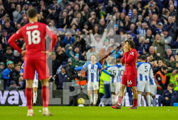 2023-01-14 - Trent Alexander-Arnold of Liverpool looks dejected after the goal of Brighton Solly March 2-0 during the English championship Premier League football match between Brighton and Hove Albion and Liverpool on January 14, 2023 at the American Express Community Stadium in Brighton and Hove, England - FOOTBALL - ENGLISH CHAMP - BRIGHTON V LIVERPOOL - ENGLISH PREMIER LEAGUE - SOCCER