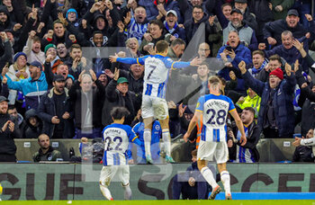 2023-01-14 - Solly March (7) of Brighton & Hove Albion scores a goal and celebrates 2-0 during the English championship Premier League football match between Brighton and Hove Albion and Liverpool on January 14, 2023 at the American Express Community Stadium in Brighton and Hove, England - FOOTBALL - ENGLISH CHAMP - BRIGHTON V LIVERPOOL - ENGLISH PREMIER LEAGUE - SOCCER