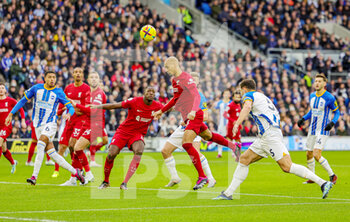 2023-01-14 - Fabinho (3) of Liverpool heads clear during the English championship Premier League football match between Brighton and Hove Albion and Liverpool on January 14, 2023 at the American Express Community Stadium in Brighton and Hove, England - FOOTBALL - ENGLISH CHAMP - BRIGHTON V LIVERPOOL - ENGLISH PREMIER LEAGUE - SOCCER