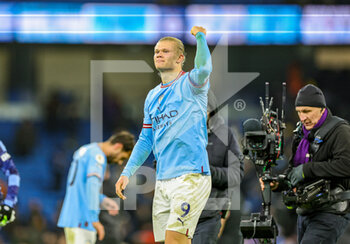 2023-01-20 - Erling Haaland (9) of Manchester City celebrates at full time during the English championship Premier League football match between Manchester City and Tottenham Hotspur on January 19, 2023 at the Etihad Stadium in Manchester, England - FOOTBALL - ENGLISH CHAMP - MANCHESTER CITY V TOTTENHAM - ENGLISH PREMIER LEAGUE - SOCCER