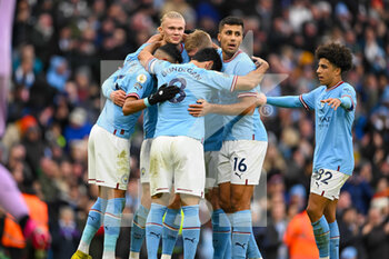2023-01-22 - Manchester City forward Erling Haaland (9) celebrates his goal 1-0 with his team mates during the English championship Premier League football match between Manchester City and Wolverhampton Wanderers on January 22, 2023 at the Etihad Stadium in Manchester, England - FOOTBALL - ENGLISH CHAMP - MANCHESTER CITY V WOLVERHAMPTON - ENGLISH PREMIER LEAGUE - SOCCER