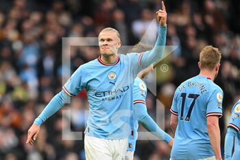 2023-01-22 - Manchester City forward Erling Haaland (9) celebrates his goal 1-0 during the English championship Premier League football match between Manchester City and Wolverhampton Wanderers on January 22, 2023 at the Etihad Stadium in Manchester, England - FOOTBALL - ENGLISH CHAMP - MANCHESTER CITY V WOLVERHAMPTON - ENGLISH PREMIER LEAGUE - SOCCER