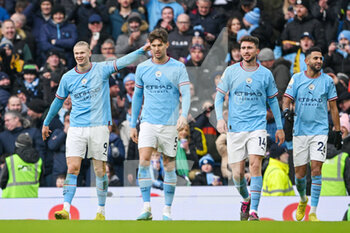 2023-01-22 - Manchester City forward Erling Haaland (9) celebrates his goal 3-0 with his team mates during the English championship Premier League football match between Manchester City and Wolverhampton Wanderers on January 22, 2023 at the Etihad Stadium in Manchester, England - FOOTBALL - ENGLISH CHAMP - MANCHESTER CITY V WOLVERHAMPTON - ENGLISH PREMIER LEAGUE - SOCCER