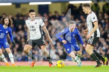 2023-02-03 - Fulham forward Aleksandar Mitrovic (9), Chelsea midfielder Mason Mount (19) and Fulham midfielder Joao Palhinha (26) during the English championship Premier League football match between Chelsea and Fulham on February 3, 2023 at Stamford Bridge in London, England - FOOTBALL - ENGLISH CHAMP - CHELSEA V FULHAM - ENGLISH PREMIER LEAGUE - SOCCER