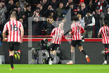 2023-02-04 - Brentford midfielder Mathias Jensen (8) scores a goal and celebrates 3-0 during the English championship Premier League football match between Brentford and Southampton on February 4, 2023 at Gtech Community Stadium in Brentford, England - FOOTBALL - ENGLISH CHAMP - BRENTFORD V SOUTHAMPTON - ENGLISH PREMIER LEAGUE - SOCCER