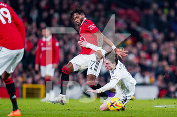 2023-02-08 - Manchester United midfielder Fred (17) and Leeds United midfielder Brenden Aaronson (7) during the English championship Premier League football match between Manchester United and Leeds United on February 8, 2023 at Old Trafford in Manchester, England - FOOTBALL - ENGLISH CHAMP - MANCHESTER UNITED V LEEDS - ENGLISH PREMIER LEAGUE - SOCCER