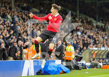 2023-02-13 - Alejandro Garnacho (49) of Manchester United scores a goal and celebrates 0-2 during the English championship Premier League football match between Leeds United and Manchester United on February 12, 2023 at Elland Road in Leeds, England - FOOTBALL - ENGLISH CHAMP - LEEDS V MANCHESTER UNITED - ENGLISH PREMIER LEAGUE - SOCCER