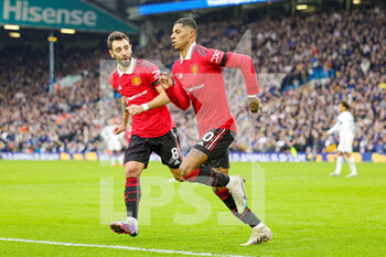 2023-02-13 - Marcus Rashford (10) of Manchester United scores a goal and celebrates 0-1 during the English championship Premier League football match between Leeds United and Manchester United on February 12, 2023 at Elland Road in Leeds, England - FOOTBALL - ENGLISH CHAMP - LEEDS V MANCHESTER UNITED - ENGLISH PREMIER LEAGUE - SOCCER