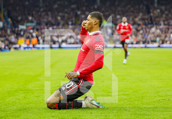 2023-02-13 - Marcus Rashford (10) of Manchester United scores a goal and celebrates 0-1 during the English championship Premier League football match between Leeds United and Manchester United on February 12, 2023 at Elland Road in Leeds, England - FOOTBALL - ENGLISH CHAMP - LEEDS V MANCHESTER UNITED - ENGLISH PREMIER LEAGUE - SOCCER