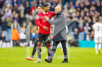 2023-02-13 - Erik ten Hag Manager of Manchester United congratulates Marcus Rashford (10) of Manchester United at full time during the English championship Premier League football match between Leeds United and Manchester United on February 12, 2023 at Elland Road in Leeds, England - FOOTBALL - ENGLISH CHAMP - LEEDS V MANCHESTER UNITED - ENGLISH PREMIER LEAGUE - SOCCER