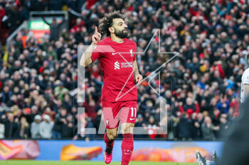 2023-03-06 - Liverpool forward Mohamed Salah (11) scores a goal 4-0 and celebrates during the English championship Premier League football match between Liverpool and Manchester United on 5 March 2023 at Anfield in Liverpool, England - FOOTBALL - ENGLISH CHAMP - LIVERPOOL V MANCHESTER UNITED - ENGLISH PREMIER LEAGUE - SOCCER