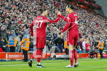 2023-03-06 - Liverpool forward Darwin Nunez (27) Goal celebration with Liverpool defender Virgil van Dijk (4) during the English championship Premier League football match between Liverpool and Manchester United on 5 March 2023 at Anfield in Liverpool, England - FOOTBALL - ENGLISH CHAMP - LIVERPOOL V MANCHESTER UNITED - ENGLISH PREMIER LEAGUE - SOCCER
