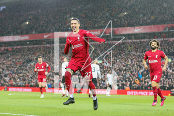 2023-03-06 - Liverpool forward Darwin Nunez (27) scores a goal 2-0 and celebrates during the English championship Premier League football match between Liverpool and Manchester United on 5 March 2023 at Anfield in Liverpool, England - FOOTBALL - ENGLISH CHAMP - LIVERPOOL V MANCHESTER UNITED - ENGLISH PREMIER LEAGUE - SOCCER
