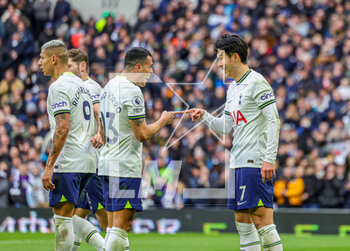 2023-03-12 - Son Heung-Min (7) of Tottenham Hotspur scores a goal and celebrates 3-0 with Pedro Porro during the English championship Premier League football match between Tottenham Hotspur and Nottingham Forest on 11 March 2023 at Tottenham Hotspur Stadium in London, England - FOOTBALL - ENGLISH CHAMP - TOTTENHAM V NOTTINGHAM FOREST - ENGLISH PREMIER LEAGUE - SOCCER