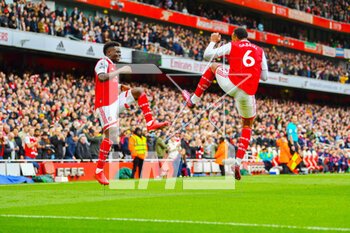 2023-03-19 - Arsenal midfielder Bukayo Saka (7) scores 2-0 and celebrates with Arsenal defender Gabriel during the English championship Premier League football match between Arsenal and Crystal Palace on 19 March 2023 at the Emirates Stadium in London, England - FOOTBALL - ENGLISH CHAMP - ARSENAL V CRYSTAL PALACE - ENGLISH PREMIER LEAGUE - SOCCER