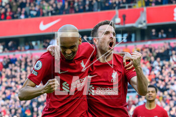 2023-04-22 - Diogo Jota of Liverpool celebrates with Fabinho of Liverpool after scoring the opening goal 1-0 during the English championship Premier League football match between Liverpool and Nottingham Forest on 22 April 2023 at Anfield stadium in Liverpool, England - FOOTBALL - ENGLISH CHAMP - LIVERPOOL V NOTTINGHAM FOREST - ENGLISH PREMIER LEAGUE - SOCCER
