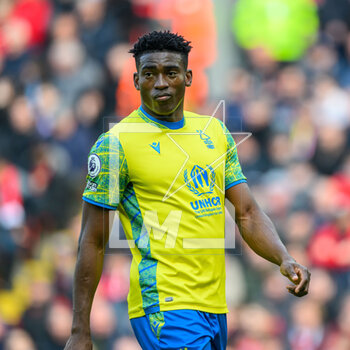 2023-04-22 - Taiwo Awoniyi of Nottingham Forest during the English championship Premier League football match between Liverpool and Nottingham Forest on 22 April 2023 at Anfield stadium in Liverpool, England - FOOTBALL - ENGLISH CHAMP - LIVERPOOL V NOTTINGHAM FOREST - ENGLISH PREMIER LEAGUE - SOCCER