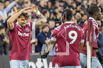 2023-04-26 - West Ham United midfielder Lucas Paqueta (11) celebrates his goal 1-0 and dances with West Ham United forward Michail Antonio during the English championship Premier League football match between West Ham United and Liverpool on 26 April 2023 at the London Stadium in London, England - FOOTBALL - ENGLISH CHAMP - WEST HAM V LIVERPOOL - ENGLISH PREMIER LEAGUE - SOCCER