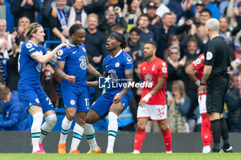 2023-05-13 - Chelsea forward Raheem Sterling (17) scores and celebrates 1-1 during the English championship Premier League football match between Chelsea and Nottingham Forest on 13 May 2023 at Stamford Bridge in London, England - FOOTBALL - ENGLISH CHAMP - CHELSEA V NOTTINGHAM - ENGLISH PREMIER LEAGUE - SOCCER