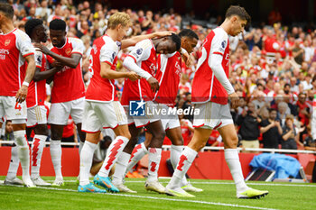 2023-08-12 - Arsenal forward Eddie Nketiah (14) scores 1-0 and celebrates during the English championship Premier League football match between Arsenal and Nottingham Forest on 12 August 2023 at the Emirates Stadium in London, England - FOOTBALL - ENGLISH CHAMP - ARSENAL V NOTTINGHAM - ENGLISH PREMIER LEAGUE - SOCCER