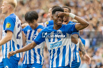 2023-08-12 - Brighton & Hove Albion forward Simon Adingra (24) celebrates his goal 3-1 during the English championship Premier League football match between Brighton and Hove Albion and Luton Town on 12 August 2023 at the American Express Community Stadium in Brighton and Hove, England - FOOTBALL - ENGLISH CHAMP - BRIGHTON V LUTON TOWN - ENGLISH PREMIER LEAGUE - SOCCER