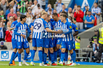 2023-08-12 - Brighton & Hove Albion forward Joao Pedro (9) celebrates his goal from a penalty 2-1 during the English championship Premier League football match between Brighton and Hove Albion and Luton Town on 12 August 2023 at the American Express Community Stadium in Brighton and Hove, England - FOOTBALL - ENGLISH CHAMP - BRIGHTON V LUTON TOWN - ENGLISH PREMIER LEAGUE - SOCCER