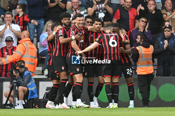 2023-08-12 - Dominic Solanke (9) of AFC Bournemouth celebrates scoring the equalising goal 1-1 during the English championship Premier League football match between Bournemouth and West Ham United on 12 August 2023 at the Vitality Stadium in Bournemouth, England - FOOTBALL - ENGLISH CHAMP - BOURNEMOUTH V WEST HAM - ENGLISH PREMIER LEAGUE - SOCCER
