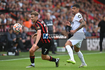 2023-08-12 - David Brooks (7) of AFC Bournemouth and Emerson Palmieri (33) of West Ham during the English championship Premier League football match between Bournemouth and West Ham United on 12 August 2023 at the Vitality Stadium in Bournemouth, England - FOOTBALL - ENGLISH CHAMP - BOURNEMOUTH V WEST HAM - ENGLISH PREMIER LEAGUE - SOCCER