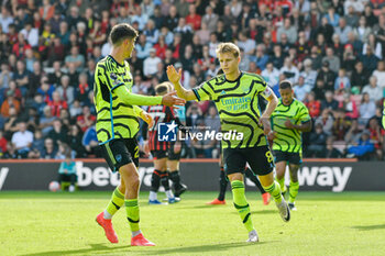 2023-09-30 - Martin Odegaard (8) of Arsenal celebrates scoring the second goal from the penalty spot 0-2 during the English championship Premier League football match between Bournemouth and Arsenal on 30 September 2023 at the Vitality Stadium in Bournemouth, England - FOOTBALL - ENGLISH CHAMP - BOURNEMOUTH V ARSENAL - ENGLISH PREMIER LEAGUE - SOCCER