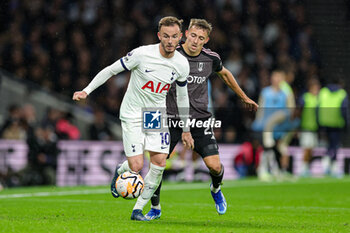 2023-10-23 - James Maddison (10) of Tottenham Hotspur battles with Timothy Castagne (21) of Fulham during the English championship Premier League football match between Tottenham Hotspur and Fulham on 23 October 2023 at Tottenham Hotspur Stadium in London, England - FOOTBALL - ENGLISH CHAMP - TOTTENHAM V FULHAM - ENGLISH PREMIER LEAGUE - SOCCER