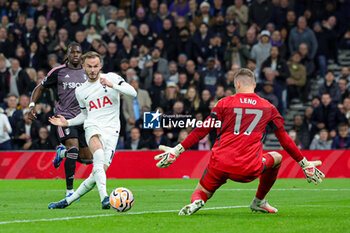 2023-10-23 - James Maddison (10) of Tottenham Hotspur scores a goal 2-0, Bernd Leno of Fulham during the English championship Premier League football match between Tottenham Hotspur and Fulham on 23 October 2023 at Tottenham Hotspur Stadium in London, England - FOOTBALL - ENGLISH CHAMP - TOTTENHAM V FULHAM - ENGLISH PREMIER LEAGUE - SOCCER