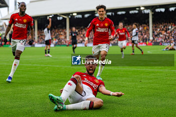 2023-11-04 - Bruno Fernandes (8) of Manchester United scores a goal and celebrates 0-1 during the English championship Premier League football match between Fulham and Manchester United on 4 November 2023 at Craven Cottage in London, England - FOOTBALL - ENGLISH CHAMP - FULHAM V MANCHESTER UNITED - ENGLISH PREMIER LEAGUE - SOCCER