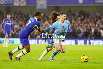 2023-11-13 - Phil Foden (47) of Manchester City and Raheem Sterling (7), Marc Cucurella (3) of Chelsea during the English championship Premier League football match between Chelsea and Manchester City on 12 November 2023 at Stamford Bridge in London, England - FOOTBALL - ENGLISH CHAMP - CHELSEA V MANCHESTER CITY - ENGLISH PREMIER LEAGUE - SOCCER