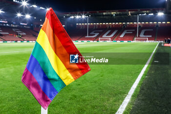 2023-12-06 - Rainbow corner flag during the English championship Premier League football match between Sheffield United and Liverpool FC on 6 December 2023 at Bramall Lane in Sheffield, England - FOOTBALL - ENGLISH CHAMP - SHEFFIELD V LIVERPOOL - ENGLISH PREMIER LEAGUE - SOCCER