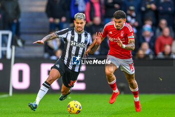 2023-12-26 - Bruno Guimaraes of Newcastle tussles with Morgan Gibbs-White of Nottingham Forest during the English championship Premier League football match between Newcastle United and Nottingham Forest on 26 December 2023 at St. James' Park in Newcastle, England - FOOTBALL - ENGLISH CHAMP - NEWCASTLE V NOTTINGHAM FOREST - ENGLISH PREMIER LEAGUE - SOCCER