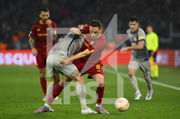 2023-02-23 - Nemanja Matic of A.S. Roma and Maurits Kjærgaard of FC Salzburg during the UEFA Europa League play-off second leg between A.S. Roma vs FC Salzburg on February 23, 2023 at the Stadio Olimpico in Rome, Italy. - AS ROMA VS RB SALZBURG - UEFA EUROPA LEAGUE - SOCCER