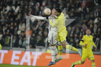 2023-02-16 - Dusan Vlahovic of Juventus and Jean-Charles Castelletto of Fc Nantes during the Uefa Europa League, football match between Juventus Fc and Fc Nantes on 16 February 2023 at Allianz Stadium, Turin, Italy. Photo Ndrerim Kaceli - JUVENTUS FC VS FC NANTES - UEFA EUROPA LEAGUE - SOCCER