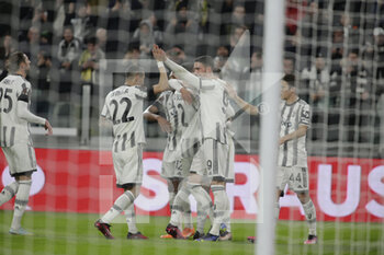 2023-02-16 - Dusan Vlahovic of Juventus celebrating with team mates after goal during the Uefa Europa League, football match between Juventus Fc and Fc Nantes on 16 February 2023 at Allianz Stadium, Turin, Italy. Photo Ndrerim Kaceli - JUVENTUS FC VS FC NANTES - UEFA EUROPA LEAGUE - SOCCER