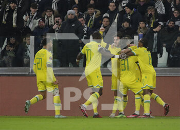 2023-02-16 - Ludovic Blas of Fc Nantes celebrating with tema mates after scoring a goal during the Uefa Europa League, football match between Juventus Fc and Fc Nantes on 16 February 2023 at Allianz Stadium, Turin, Italy. Photo Ndrerim Kaceli - JUVENTUS FC VS FC NANTES - UEFA EUROPA LEAGUE - SOCCER
