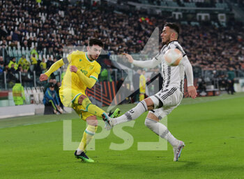 2023-02-16 - Fabien Centonze of Fc Nantes and Filip Kostic of Juventus during the Uefa Europa League, football match between Juventus Fc and Fc Nantes on 16 February 2023 at Allianz Stadium, Turin, Italy. Photo Ndrerim Kaceli - JUVENTUS FC VS FC NANTES - UEFA EUROPA LEAGUE - SOCCER