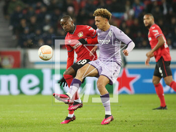 2023-02-16 - Moussa Diaby of Bayer Leverkusen and Eliesse Ben Seghir of AS Monaco during the UEFA Europa League, Play-off, 1st leg football match between Bayer Leverkusen and AS Monaco on February 16, 2023 at BayArena in Leverkusen, Germany - FOOTBALL - EUROPA LEAGUE - LEVERKUSEN V MONACO - UEFA EUROPA LEAGUE - SOCCER