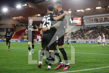 2023-02-23 - Exequiel Palacios of Bayer 04 Leverkusen celebrating after a goal during the Uefa Europa League, football match between As Monaco and Bayer 04 Leverkusen,on 23 February 2023 at State Luis II in Monaco, Photo Ndrerim Kaceli - AS MONACO VS BAYER LEVERKUSEN - UEFA EUROPA LEAGUE - SOCCER
