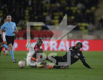 2023-02-23 - Chrislain Matsima of As Monaco and Jeremie Frimpong of Bayer 04 Leverkusen during the Uefa Europa League, football match between As Monaco and Bayer 04 Leverkusen,on 23 February 2023 at State Luis II in Monaco, Photo Ndrerim Kaceli - AS MONACO VS BAYER LEVERKUSEN - UEFA EUROPA LEAGUE - SOCCER