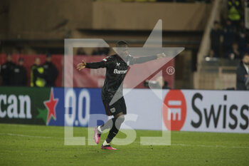 2023-02-23 - Moussa Diaby of Bayer 04 Leverkusen celebrating after scoring the final penalty kick during the Uefa Europa League, football match between As Monaco and Bayer 04 Leverkusen,on 23 February 2023 at State Luis II in Monaco, Photo Ndrerim Kaceli - AS MONACO VS BAYER LEVERKUSEN - UEFA EUROPA LEAGUE - SOCCER