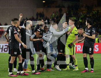 2023-02-23 - Bayer Leverkusen players celebrating after wining the penallty kick off during the Uefa Europa League, football match between As Monaco and Bayer 04 Leverkusen,on 23 February 2023 at State Luis II in Monaco, Photo Ndrerim Kaceli - AS MONACO VS BAYER LEVERKUSEN - UEFA EUROPA LEAGUE - SOCCER